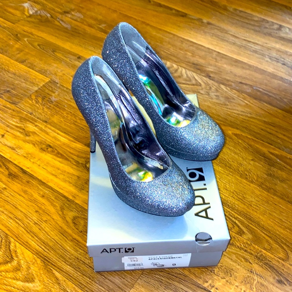 APT. 9 silver heels, size 9.